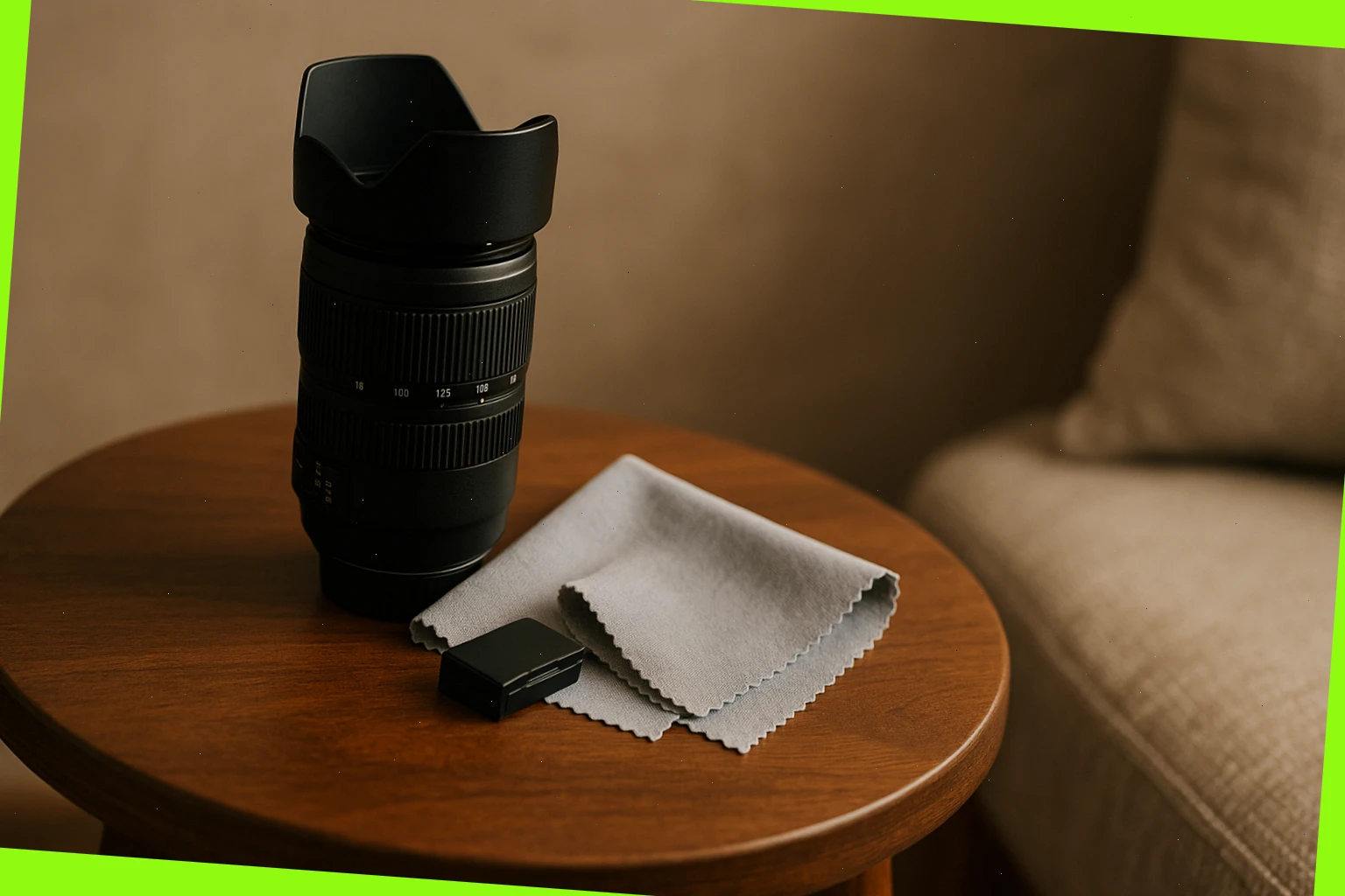 Telephoto lens with simple hood and cloth on a small table