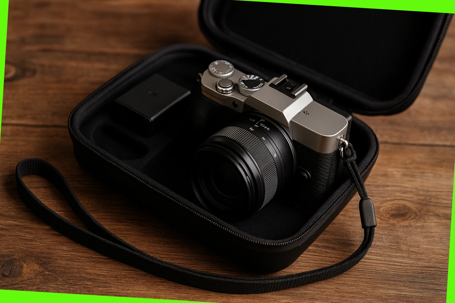 Compact travel camera kit with spare battery and wrist strap