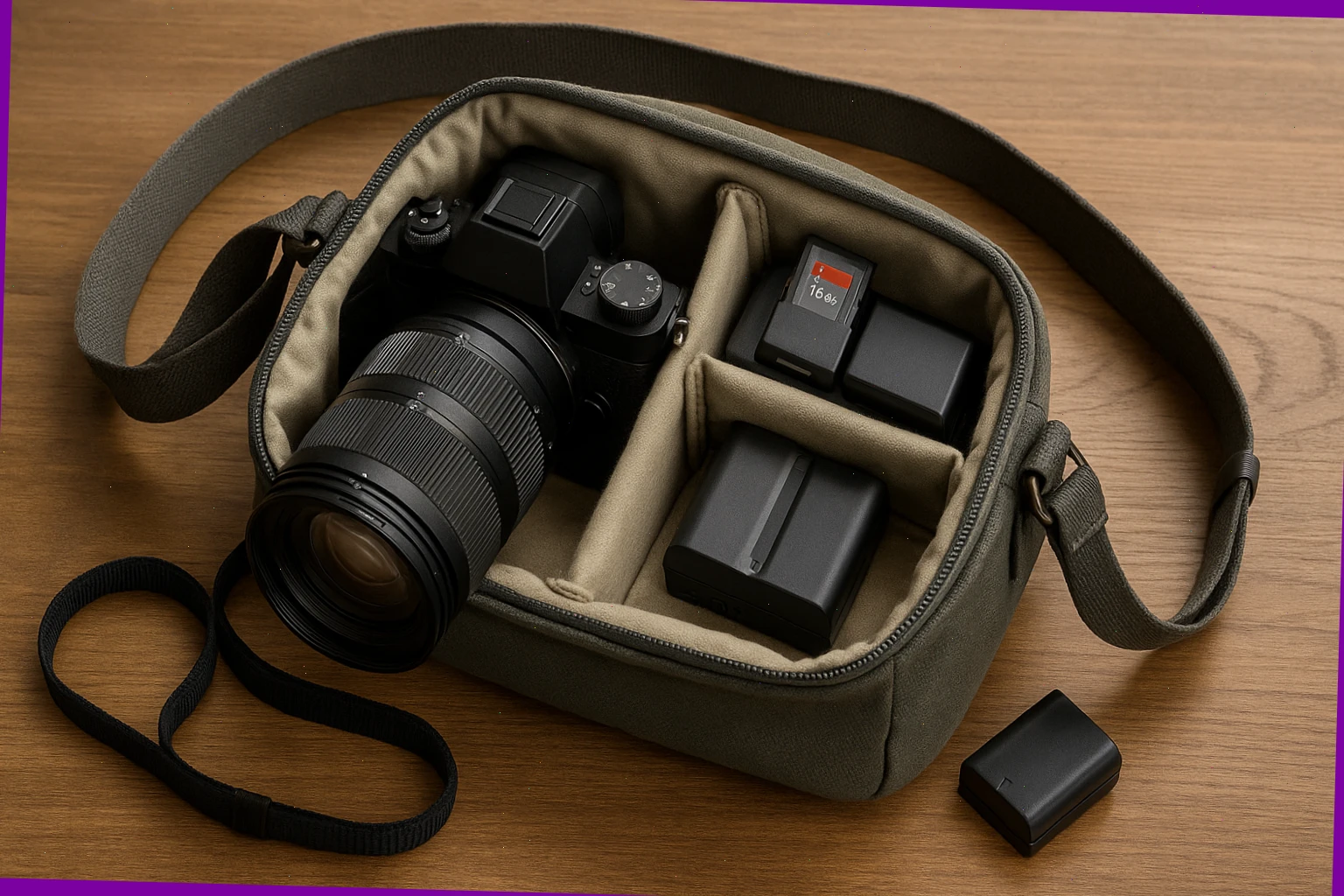 Full-day mirrorless kit ready in a light shoulder bag