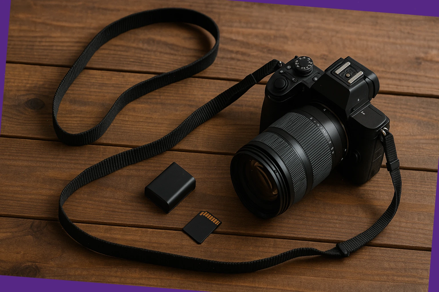 Half-day camera rental laid out with strap and spare card